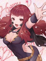  belt black_bodysuit black_cape blush bodysuit breasts cape cleavage cleavage_cutout clothing_cutout commentary_request covered_navel dated facial_mark female fire_emblem fire_emblem_engage hair_ornament happy_birthday high_collar highres looking_at_viewer medium_breasts open_mouth red_eyes red_hair sakura_no_yoru short_sleeves smile solo star_(symbol) star_facial_mark star_hair_ornament teeth yellow_belt yunaka_(fire_emblem) 