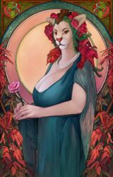  anthro armband art_nouveau beautiful_background bottomwear breasts classical clothed clothing container cougar detailed_background diorionarh fantasy felid feline female flower food fruit hi_res jar jewelry mammal mature_female mythology nature nature_background necklace ornament pantherine plant portrait poster renaissance rose_(flower) skirt solo strawberry tail tiger wood 