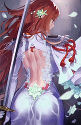  alternate_costume baiken brown_eyes closed_mouth dress elbow_gloves epaulettes falling_petals female flower from_behind gloves guilty_gear hair_flower hair_ornament highres holding holding_sword holding_weapon jako_(toyprn) katana petals red_hair solo sword weapon wedding_dress white_dress white_flower white_gloves 