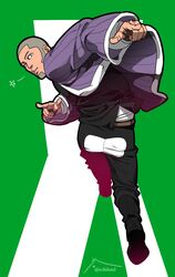  1boy ass black_vest brown_eyes buzz_cut commentary_request facial_hair from_behind full_body goatee golden_kamuy grey_hair highres jacket long_sideburns looking_at_viewer looking_back male_focus open_clothes open_jacket pointing pointing_at_viewer purple_jacket running shiraishi_yoshitake short_hair sideburns solo very_short_hair vest zifletts 