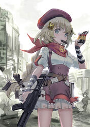  arm_warmers assault_rifle bandana beret blonde_hair blue_eyes blush braid breasts chocolate commentary_request female fn_fnc fnc_(girls&#039;_frontline) food girls&#039;_frontline gun hair_ornament hair_ribbon hat highres holding holding_food holding_gun holding_weapon kesomaru layered_skirt long_hair medium_breasts mouth_hold outdoors pouch red_bandana red_hat ribbon rifle shirt short_sleeves single_braid skirt solo suspender_skirt suspenders weapon white_shirt 