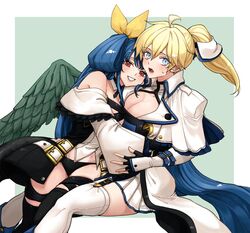  2girls angel_wings bare_shoulders black_gloves blonde_hair blue_eyes blue_hair breasts cleavage detached_sleeves dizzy_(guilty_gear) ebi_pri_shrimp feathered_wings fingerless_gloves genderswap_(mtf) gloves green_wings guilty_gear guilty_gear_xrd hair_between_eyes hair_ribbon hair_rings hug ky_kiske kyko large_breasts long_hair looking_at_viewer monster_girl multiple_girls open_mouth pleated_skirt red_eyes ribbon rule_63 simple_background sitting skirt smile thighhighs twintails very_long_hair white_skirt white_sleeves white_thighhighs wide_sleeves wife_and_wife wings yellow_ribbon yuri 