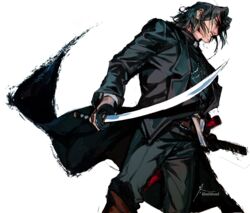  1boy black_hair black_jacket black_pants drifters highres hijikata_toshizou_(drifters) holding holding_sword holding_weapon jacket katana long_hair looking_to_the_side male_focus pants simple_background solo sword weapon white_background zifletts 