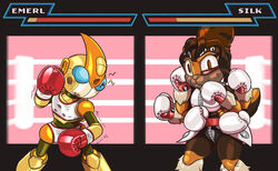  2022 anthro arachnid arthropod blue_eyes boxing boxing_gloves breasts brown_body brown_eyes brown_hair bruised_eye clothing cute_fangs damaged dcheese digital_media_(artwork) duo emerl fan_character female fighting_ring gameplay_mechanics gizoid gui hair hand_tuft handwear health_bar hi_res machine male multi_arm multi_eye multi_limb mygalomorph non-mammal_breasts orange_body robot sega sonic_the_hedgehog_(series) spider sport tarantula 