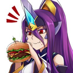  bare_shoulders blazblue breasts burger commentary commission detached_sleeves dootmoon dress eating english_commentary female food food_on_face forehead_protector hair_between_eyes headgear high_ponytail holding holding_food horns long_hair mikado_(blazblue) notice_lines olive ponytail portrait purple_hair red_eyes sidelocks simple_background single_horn small_breasts solo tomato wavy_mouth white_background 