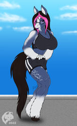  2022 5_fingers abs anthro athletic athletic_anthro athletic_female barefoot big_breasts black_hair blue_body blue_fur bottomwear bra breasts cleavage clothed clothing day digital_media_(artwork) equid equine eyewear feet female fingers flat_colors fur ghostwolf glasses hair highlights_(coloring) hooves horse humanoid_hands kina_jardine_(kinojaggernov) lipstick long_hair looking_at_viewer makeup mammal midriff multicolored_body multicolored_fur navel outside pink_highlights pose purple_eyes purple_lipstick shorts signature smile solo sports_bra standing two_tone_body two_tone_fur underwear white_body white_fur 