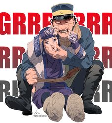  1boy ainu ainu_clothes asirpa bandana black_hair blue_eyes blue_headwear blue_jacket blue_pants cheek_pinching earrings female full_body golden_kamuy hand_on_another&#039;s_face hat highres hoop_earrings imperial_japanese_army jacket jewelry kepi military military_hat military_uniform pants pinching scar scar_on_cheek scar_on_face scarf short_hair spread_legs star_(symbol) sugimoto_saichi teeth two-tone_headwear uniform yellow_headwear yellow_scarf zifletts 