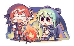  2girls adan_imas bad_id bad_twitter_id campfire camping chibi double_bun food green_hair hair_bun hololive houshou_marine houshou_marine_(1st_costume) marshmallow multiple_girls oerba_yun_fang red_eyes red_hair roasted_marshmallow roasting short_hair twintails uruha_rushia uruha_rushia_(1st_costume) virtual_youtuber 