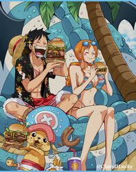  2boys abs animal animal_ears antlers antlers_through_headwear bare_shoulders bikini black_hair blue_sky breasts burger chandllucky closed_eyes cloud cloudy_sky collarbone cross_scar day deer_ears dragon drink drooling earrings eating eyewear_on_head female floral_print food food_in_mouth food_on_face french_fries happy hat highres holding holding_food horns indian_style jewelry large_breasts long_hair low_twintails monkey_d._luffy multiple_boys nami_(one_piece) navel one_piece open_clothes open_mouth open_shirt orange_hair outdoors palm_tree pearl_earrings reindeer reindeer_antlers scar scar_on_cheek scar_on_chest scar_on_face shorts single_sidelock sitting sky smile sparkle stomach straw_hat sunglasses swimsuit tony_tony_chopper tree twintails twitter_username 