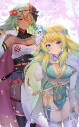  2girls alternate_hairstyle black_mask blonde_hair blue_eyes blush bodysuit breasts cape doiparuni earrings elbow_gloves english_commentary fire_emblem fire_emblem_heroes fishnet_bodysuit fishnets fjorm_(fire_emblem) fjorm_(ice_ascendant)_(fire_emblem) fjorm_(ninja)_(fire_emblem) flaming_eye flower gloves green_eyes hair_flower hair_ornament highres jewelry kodachi kunai laegjarn_(fire_emblem) laegjarn_(flame_ascendant)_(fire_emblem) laegjarn_(ninja)_(fire_emblem) leaning_forward long_hair looking_at_viewer mask mask_on_head medium_breasts multiple_girls ninja official_alternate_costume official_alternate_hairstyle parted_lips pelvic_curtain red_cape red_eyes short_sword smile sword teeth thigh_strap thighhighs thighs very_long_hair weapon white_cape white_gloves white_mask 