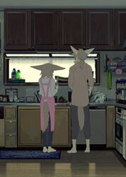  anthro apron barefoot bottomwear brown_hair canid canine clock clothed clothing cooking countertop detailed_background duo feet female fennec_fox fox fully_clothed fur hair hi_res holding_object inside kemono kitchen knife looking_at_another male mammal nao_(taracod) pants ponytail shelf shirt sink standing tan_body tan_fur taracod tatsuhiko_(taracod) topwear true_fox window 