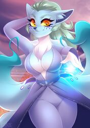  2020 alolan_form alolan_ninetales anthro anthrofied blurred_background breasts canid chest_tuft cleavage clothed clothing cosplay dannyckoo disney dress female frozen_(movie) generation_7_pokemon hand_behind_head hi_res magic mammal nintendo pokemon pokemon_(species) pokemorph queen_elsa_(frozen) regional_form_(pokemon) smile solo tresertf tuft yellow_eyes yellow_sclera 