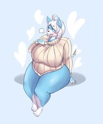  anthro avoid_posting big_breasts blush breasts canid canine canis clothed clothing domestic_dog female fur hair hi_res huge_breasts husky huwon mammal nordic_sled_dog opal_(tsudanym) open_mouth overweight overweight_anthro overweight_female partially_clothed solo spitz thick_thighs 