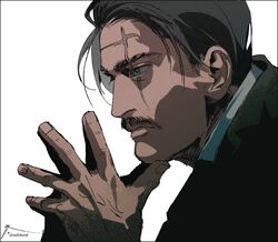  1boy black_hair blue_eyes close-up collared_shirt commentary_request facial_hair fingers_together from_side golden_kamuy highres looking_to_the_side male_focus moustache scar scar_across_eye scar_on_face shirt short_hair simple_background solo upper_body white_shirt wilk_(golden_kamuy) zifletts 