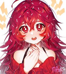  bright_pupils dated female flaky_(happy_tree_friends) hands_up happy_tree_friends highres humanization long_hair long_sleeves looking_at_viewer mary_felizola open_mouth personification red_eyes red_hair red_sweater signature simple_background solo sweater upper_body white_background white_pupils 