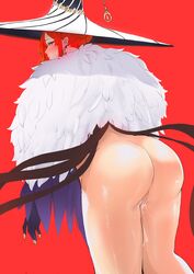  absurdres after_vaginal ass bird blush bottomless cleft_of_venus crane_(animal) cum cum_in_pussy cumdrip fate/grand_order fate_(series) female hat highres huge_ass looking_at_viewer looking_back miss_crane_(fate) non-web_source purple_eyes pussy puzenketsu red_hair solo source_request sweatdrop thick_thighs thighs witch_hat 