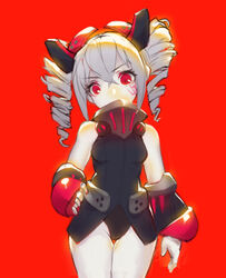  bare_shoulders breasts bronya_zaychik bronya_zaychik_(black_nucleus) covering_own_mouth drill_hair female grey_hair hair_between_eyes hand_on_own_hip highres honkai_(series) honkai_impact_3rd knxagu leotard looking_at_viewer pale_skin red_background red_eyes simple_background small_breasts solo twin_drills v-shaped_eyebrows 