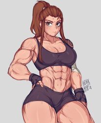  abs breasts brigitte_(overwatch) female fingerless_gloves freckles gloves hand_on_own_hip highres large_breasts long_bangs looking_at_viewer mdblues muscular muscular_female orange_eyes orange_hair overwatch ponytail shorts solo sweat tank_top tattoo 