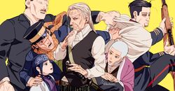  5boys aged_down ainu ainu_clothes asirpa bandana beard black_hair black_headwear black_pants buzz_cut commentary_request earrings facial_hair female goatee golden_kamuy gun hat highres hijikata_toshizou_(golden_kamuy) holding holding_sword holding_weapon hoop_earrings imperial_japanese_army jewelry katana kepi long_hair long_sideburns looking_to_the_side male_focus military military_hat military_uniform multiple_boys muscular muscular_male ogata_hyakunosuke old old_man pants rifle robe scar scar_on_cheek scar_on_face scar_on_nose shiraishi_yoshitake short_hair sideburns simple_background star_(symbol) sugimoto_saichi sword thick_eyebrows two-tone_headwear uniform ushiyama_tatsuma veins very_short_hair vest weapon white_background yellow_headwear zifletts 