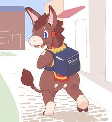  anthro asinus backpack biped bottomless brown_body clothed clothing digital_media_(artwork) donkey ear_accessory equid equine full-length_portrait jimines male mammal multicolored_clothing multicolored_topwear outside path portrait rear_view solo tail tail_tuft topwear tuft walking 