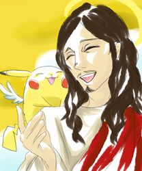  5:6 alpacapala ambiguous_gender beard brown_hair closed_eyes deity duo facial_hair feathered_wings feathers fur generation_1_pokemon hair halo happy human jesus_christ male mammal nintendo open_mouth pikachu pokemon pokemon_(species) religion rodent smile wings yellow_body yellow_fur 