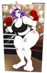  2024 absurd_res anthro ass big_butt bodily_fluids boxing boxing_gloves bruised bruised_arm bruised_face bruised_leg clothed clothing female handwear hi_res lagomorph leporid mammal rabbit solo sport sweat thaismotosuwa thick_thighs 