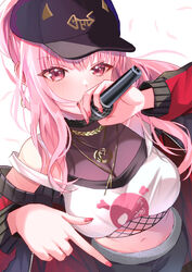  baseball_cap black_hat black_jacket black_pants blunt_bangs breasts cleavage commentary crop_top cropped_shirt earrings english_commentary female fishnet_top fishnets halter_shirt halterneck hat highres holding holding_microphone hololive hololive_english hoop_earrings jacket jewelry large_breasts long_hair long_sleeves looking_at_viewer microphone mori_calliope mori_calliope_(streetwear) multicolored_clothes multicolored_jacket nail_polish necklace off_shoulder official_alternate_hairstyle pants pink_eyes pink_hair rapping red_jacket red_nails see-through see-through_cleavage sidelocks single_bare_shoulder skull_and_crossbones solo sweatpants tank_top track_suit two-tone_jacket upper_body virtual_youtuber white_tank_top zacky 