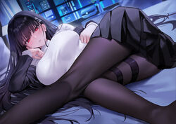  ass bed_sheet black_hair black_pantyhose black_skirt blue_archive blunt_bangs blush breasts bright_pupils building commentary_request female indoors large_breasts long_hair long_sleeves looking_at_viewer lying md5_mismatch night no_halo on_bed paid_reward_available pantyhose parted_lips rio_(blue_archive) senba_(592683801) skirt solo sweater thigh_strap white_pupils white_sweater window 