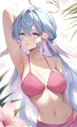  absurdres alternate_costume aqua_eyes arm_up armpit_crease armpits bikini blue_hair breasts cleavage collarbone commentary earrings english_commentary female flower hair_between_eyes hair_intakes halo head_wings highres honkai:_star_rail honkai_(series) jewel_under_eye jewelry large_breasts long_hair looking_at_viewer narijade navel parted_lips pink_bikini presenting_armpit robin_(honkai:_star_rail) sidelocks solo stomach swimsuit upper_body white_background wings 