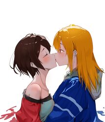  2girls bare_shoulders blonde_hair brown_eyes brown_hair closed_eyes collarbone french_kiss hood hoodie kissing kouzuki_mahiru light_blush long_hair looking_at_another multiple_girls short_hair simple_background tongue upper_body white_background xixi1130 yamanouchi_kano yoru_no_kurage_wa_oyogenai yuri 