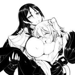  2girls ahoge blush bodysuit breasts carrying chaldea_uniform closed_eyes commentary_request covered_navel curvy fate/grand_order fate_(series) fingerless_gloves fujimaru_ritsuka_(female) gloves greyscale hair_ornament hair_scrunchie highres large_breasts long_hair looking_at_another minamoto_no_raikou_(fate) monochrome multiple_girls one_side_up pantyhose parted_bangs princess_carry scrunchie short_hair side_ponytail skirt smile very_long_hair yuri yuriwhale 