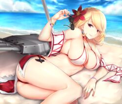  absurdres ass azur_lane bare_shoulders beach bikini blonde_hair blue_sky bracelet breasts cannon choker cleavage closed_mouth cloud cloudy_sky collarbone covered_nipples day earrings female fingernails flower glint hair_flower hair_ornament halterneck highres holding holding_removed_eyewear horizon jewelry large_breasts long_fingernails looking_at_viewer lying machinery medium_hair nail_polish ocean official_alternate_costume on_side outdoors paid_reward patreon_reward patreon_username pink_nails prince_of_wales_(azur_lane) prince_of_wales_(sun_shining_upon_windsor)_(azur_lane) red_choker red_eyes red_flower rei_kun rigging sand short_hair side-tie_bikini_bottom sky smile solo sunglasses swept_bangs swimsuit turret unworn_eyewear water waves white_bikini 