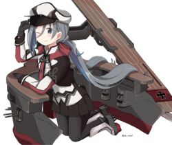  bad_id bad_twitter_id black_pantyhose blue_hair cannon capelet commentary_request cosplay cross female flight_deck gloves graf_zeppelin_(kancolle) graf_zeppelin_(kancolle)_(cosplay) grey_eyes grey_hair hand_on_headwear hat highres iron_cross jacket kantai_collection kiyoshimo_(kancolle) kneeling looking_at_viewer low_twintails machinery miniskirt multicolored_hair necktie one_eye_closed pantyhose peaked_cap riz_(ravel_dc) skirt smile solo twintails twitter_username 