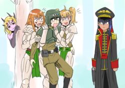  1boy 3girls armor astra_militarum black_hair blonde_hair commentary commissar daemonette eldar flick-the-thief frown gamou_maki glasses hachiouji_naoto hair_ornament hairclip helmet horns ijiranaide_nagatoro-san jealous looking_at_another military military_uniform multiple_girls nagatoro_hayase nervous orange_hair peeking_out sakura_(nagatoro) shaded_face tree uniform warhammer_40k yoshi_(nagatoro) 