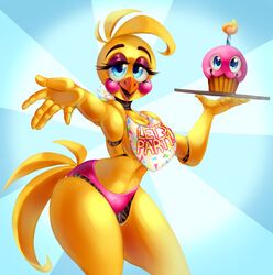  2019 5_fingers animatronic anthro avian beak bird blue_eyes blush breasts chicken cleavage clothed clothing cupcake cupcake_(fnaf) eyebrows eyelashes eyeshadow feathers female fingers five_nights_at_freddy&#039;s five_nights_at_freddy&#039;s_2 five_nights_at_freddy&#039;s_3 food galliform gallus_(genus) half-closed_eyes hi_res machine makeup narrowed_eyes navel non-mammal_breasts panties pastelperyton phasianid pink_cheeks plate robot scottgames smile solo standing tail tail_feathers teeth toy_chica_(fnaf) underwear yellow_body yellow_feathers 