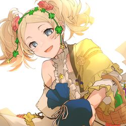  basket blonde_hair blue_eyes blush female fire_emblem fire_emblem_awakening fire_emblem_heroes flower gift gift_bag hair_flower hair_ornament highres holding holding_basket holding_gift lissa_(fire_emblem) lissa_(valentine)_(fire_emblem) looking_at_viewer official_alternate_costume open_mouth sakura_no_yoru solo twintails upper_body white_background 