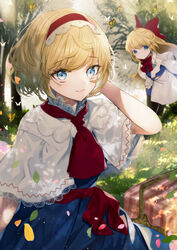  absurdres alice_margatroid blonde_hair blue_dress blue_eyes bug butterfly capelet commentary daimaou_ruaeru dress english_commentary highres leaf light_smile multiple_girls picnic picnic_basket red_ribbon red_scarf ribbon scarf shanghai_doll shawl smile touhou white_shawl 