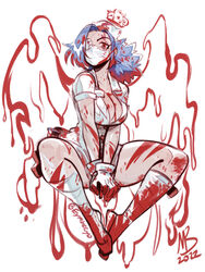  +_+ bandages blood blood_on_clothes blood_on_face blood_on_hands blood_splatter blue_hair breasts cleavage commentary cross eyepatch eymbee female full_body gloves hat large_breasts leg_wrap long_hair looking_at_viewer mask mouth_mask nurse nurse_cap ponytail red_cross red_eyes short_sleeves signature skullgirls solo surgical_mask symbol-only_commentary valentine_(skullgirls) white_background white_gloves 