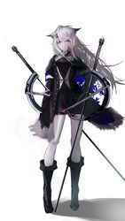  animal_ear_fluff animal_ears arknights bare_legs black_coat black_jacket black_nails black_shorts blood blood_on_face boots coat commentary female full_body green_eyes grey_eyes hair_ornament hairclip highres holding holding_sword holding_weapon jacket lappland_(arknights) lappland_(refined_horrormare)_(arknights) long_hair mackia official_alternate_costume planted planted_sword scar scar_across_eye scar_on_face shorts strapless sword symbol-only_commentary tail tube_top weapon white_hair wolf_ears wolf_tail 