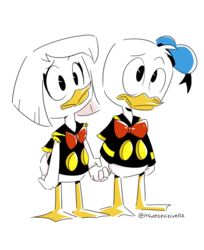  anatid anseriform avian beak better_version_at_source bird bottomless bow_tie clothed clothing della_duck disney donald_duck duck ducktales ducktales_(2017) duo female hair hand_holding hat headgear headwear itsdetectiveliz male short_hair sibling_(lore) simple_background white_background yellow_beak 