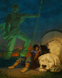  2girls aang analogous_colors animal artist_name asami_sato avatar_legends black_hair boots brown_hair canine commentary dark-skinned_female dark_skin devin_elle_kurtz english_commentary eye_contact fence grass highres korra looking_at_another multiple_girls naga_(avatar) night night_sky outdoors oversized_animal photoshop_(medium) short_hair sitting sky sleeping smile statue the_legend_of_korra wavy_hair yuri 