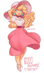  belt blonde_hair blue_earrings blue_eyes breasts casual commentary english_commentary female followers full_body hat high_heels hits long_legs long_skirt madguymao mario_(series) neckerchief pink_footwear pink_skirt princess_peach skirt slender_waist small_breasts solo sun_hat waving white_background 