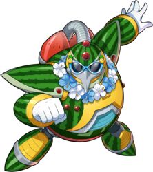  1boy android bird chill_penguin_(mega_man) flower flower_necklace food food_print fruit full_body highres jewelry looking_at_viewer male_focus mega_man_(series) mega_man_x1 mega_man_x_(series) mega_man_x_dive mizuno_keisuke necklace official_alternate_costume official_art penguin pineapple robot solo summer sunglasses third-party_source transparent_background watermelon watermelon_print 