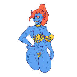  1:1 absurd_res big_breasts body_tape breasts dragonoscuro203 eye_patch eyewear female fish gills hair hi_res humanoid marine muscular muscular_female ponytail red_hair scalie scar smile solo tape_outfit undertale_(series) undyne 