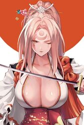  alternate_costume amputee baiken big_hair breasts commentary_request facial_tattoo female guilty_gear guilty_gear_xrd hair_ornament hair_tie highres holding holding_sword holding_weapon huge_breasts jako_(toyprn) japanese_clothes kanzashi kataginu katana kimono multicolored_clothes multicolored_kimono obi one-eyed open_clothes open_kimono parted_bangs pink_hair ponytail sash scar scar_across_eye scar_on_face sidelocks solo sword tattoo upper_body weapon white_kimono 