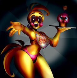  2019 5_fingers animatronic anthro avian beakless bird black_sclera blush breasts chicken cleavage clothed clothing creepy cupcake cupcake_(fnaf) eyebrows eyelashes eyeshadow feathers female fingers five_nights_at_freddy&#039;s five_nights_at_freddy&#039;s_2 food galliform gallus_(genus) half-closed_eyes hi_res machine makeup narrowed_eyes navel non-mammal_breasts panties pastelperyton phasianid pink_cheeks plate robot scottgames smile solo standing tail tail_feathers teeth toy_chica_(fnaf) underwear white_eyes yellow_body yellow_feathers 