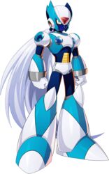  1boy alternate_color android armor blue_skin colored_sclera colored_skin forehead_jewel full_body gem gloves helmet highres long_hair looking_at_viewer male_focus mega_man_(series) mega_man_x1 mega_man_x_(series) mega_man_x_dive mizuno_keisuke navigator no_mouth official_art ponytail robot slit_pupils solo standing third-party_source transparent_background very_long_hair via_(mega_man) white_hair yellow_sclera 