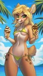  2024 anthro ass bikini blonde_hair breasts brown_body brown_fur butt_from_the_front chest_tuft clothed clothing day deer detailed_background digital_media_(artwork) female food freckles front_view fur green_bikini green_clothing green_eyes green_swimwear hair hi_res holding_food holding_ice_cream_cone holding_object ice_cream_cone lana_(neondreamer762) licking licking_lips looking_at_food looking_at_object luryry mammal melting_ice_cream navel outside scut_tail short_tail sky small_breasts solo standing swimwear tail tight_clothing tongue tuft two-piece_swimsuit 