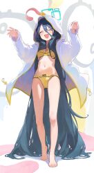  ^_^ absurdres alternate_costume aris_(blue_archive) bare_legs barefoot bikini black_hair blue_archive blue_halo blush breasts closed_eyes commentary feet female frilled_bikini frills full_body hair_between_eyes halo heel_up highres hood hood_up long_hair long_sleeves navel oerba_yun_fang open_clothes open_hands open_mouth outstretched_arms peroro_(blue_archive) ritae skin_fang small_breasts smile solo standing swimsuit toes v-shaped_eyebrows very_long_hair yellow_bikini 