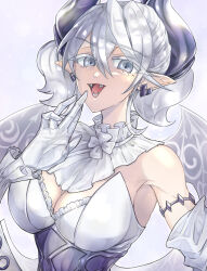  bare_shoulders breasts cleavage demon_girl demon_horns dress drill_hair duel_monster earrings fangs female gloves grey_eyes grey_hair horns jewelry large_breasts long_hair lovely_labrynth_of_the_silver_castle open_mouth pointy_ears purple_background simple_background solo strapless strapless_dress transparent_wings twin_drills upper_body white_dress white_gloves white_wings wings yu-gi-oh! yukitaka_(zzzzz) 